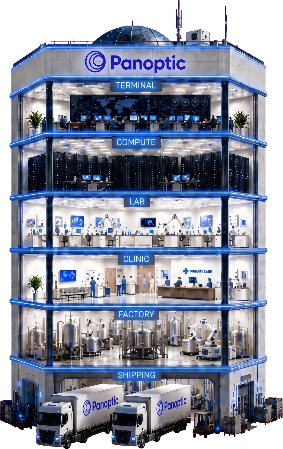 An illustration of the BioTower concept, drawn in cross-section with its background removed: six lit storeys stacked from Terminal at the top, down through Compute, Lab, Clinic and Factory, to Shipping at ground level, each labelled on the building itself. Space, the seventh floor named in this section, is the environment around the tower rather than a storey and does not appear in the picture.